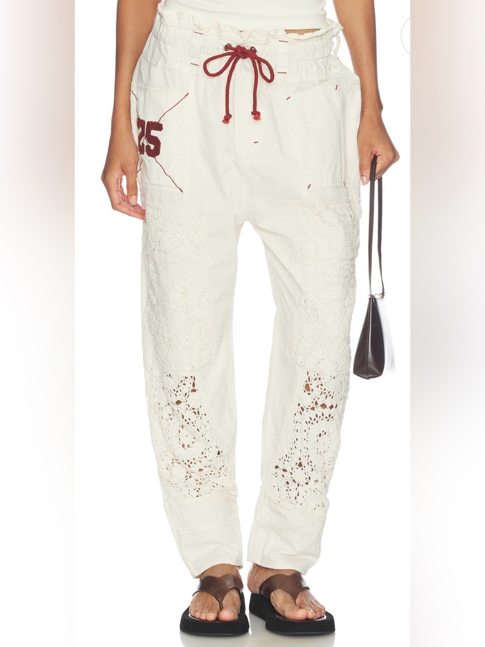 Free People Rockaway Pants Cream Crochet Panel w/ Maroon Drawstring - NWT - Sz L